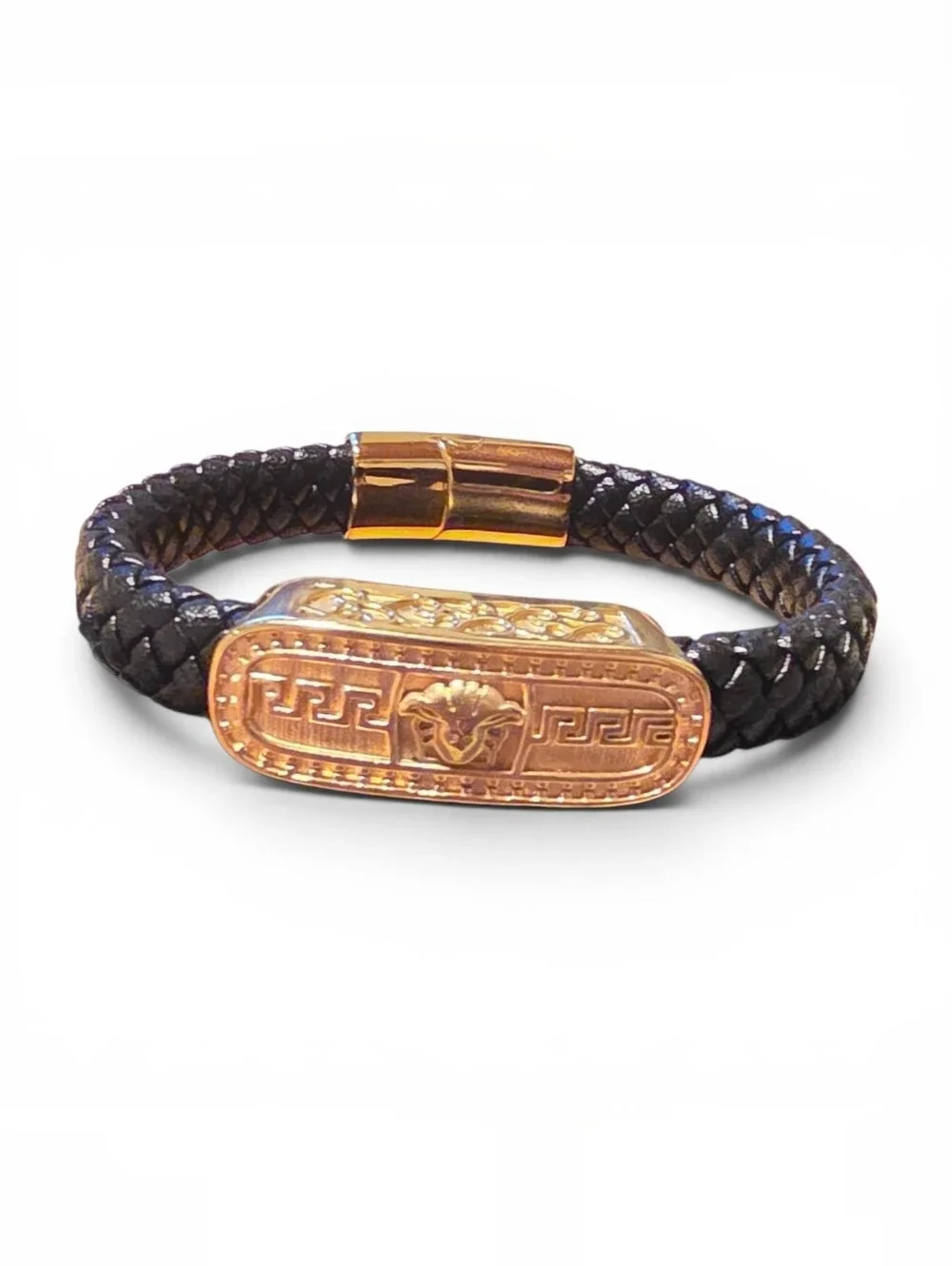 Versace Inspired Medusa Bracelet In Gold Tone With Braided Leather